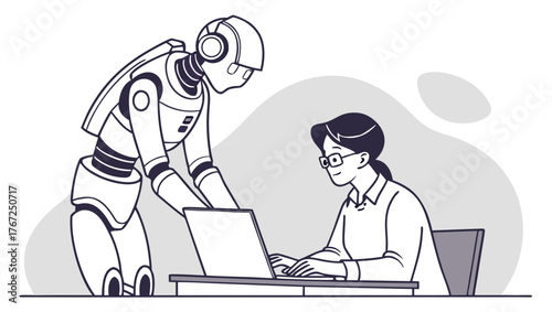 Humanoid Robot Assisting Person At Desk AI Assistance