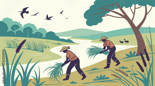 Workers Planting Reeds In Wetland Area Environmental Restoration