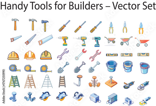 Colorful vector set of builder and construction tools including hammers, drills, wrenches, helmets, and buckets. Ideal for industry, repair, and DIY illustrations.