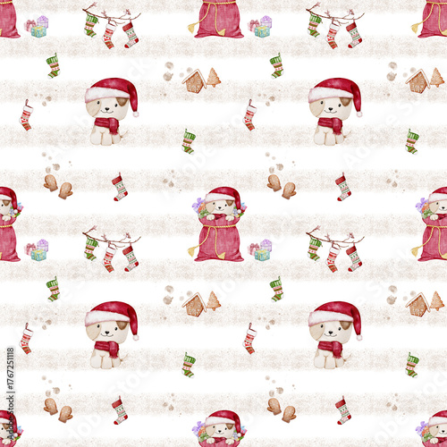 Watercolor Christmas Puppy Seamless Pattern