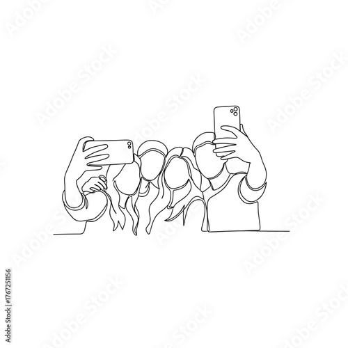 Friends taking selfie in trendy cafe in line art style symbolizing togetherness