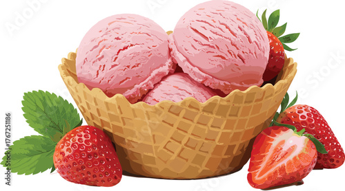 Strawberry ice cream scoops in waffle bowl, fresh strawberries dessert illustration, pink frozen treat with fruit, sweet summer food art, vector graphic design