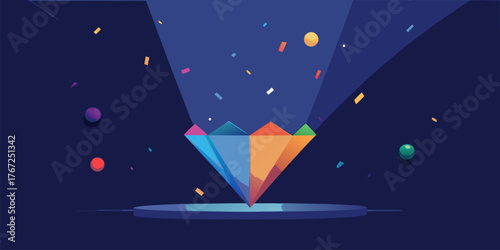 Colorful Gemstone on Pedestal Under Spotlight with Confetti