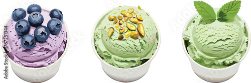 Frozen yogurt dessert cups, blueberry topping, pistachio nuts, mint leaves garnish, colorful ice cream scoops, refreshing summer treat, healthy sweet snack, gourmet frozen dessert presentation