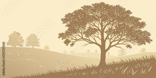 Sepia Toned Silhouette of a Large Tree and Rolling Hills