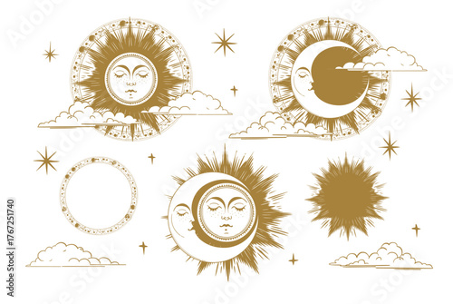 Set of celestial symbols with sun and moon faces, clouds, and stars. Vintage engraving style vector illustration isolated on white background. Astronomy, astrology, and celestial concept for design