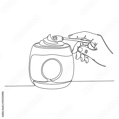 Hand applying cuticle massage cream in line art style symbolizing gentle care