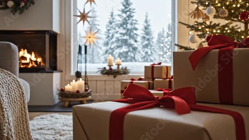 living room with christmas gifts