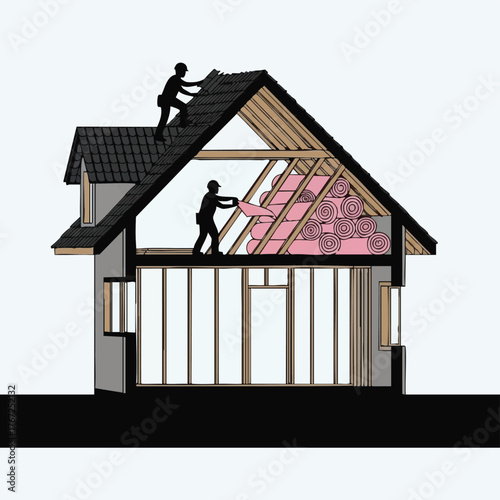 Illustration showing the construction of a house, including roof installation and insulation placement for energy efficiency and home improvement.