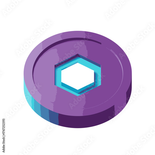 A vibrant purple and blue digital cryptocurrency token with a central hexagonal cutout represents the cutting-edge of financial technology and secure blockchain transactions.