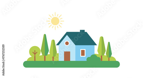 A charming blue house nestled among green trees on a sunny day, representing a cozy suburban home and real estate concept
