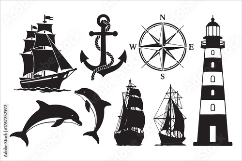  Nautical silhouette collection featuring ships dolphins anchor compass and lighthouse