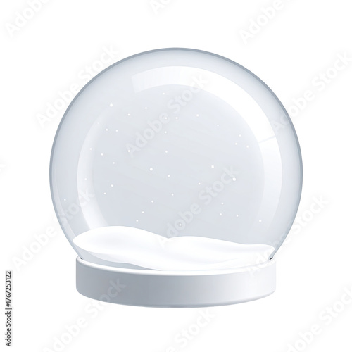 Empty glass snow globe. White snow platform, black background