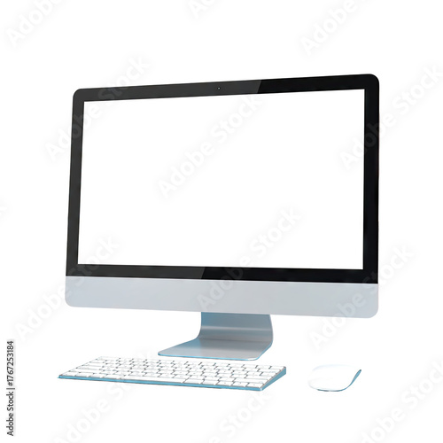 Computer set, white screen, keyboard, and mouse, angled view