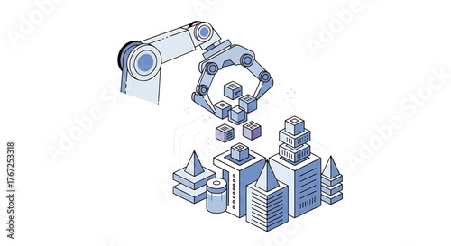 Isometric illustration of a robotic arm constructing a cityscape with blue and gray buildings on a white background.