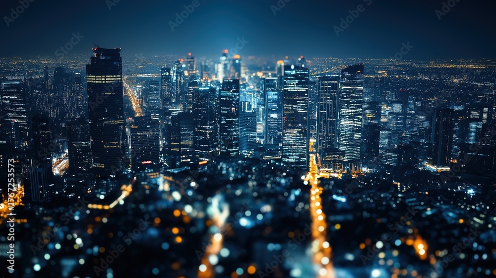 Obraz premium downtown. City skyline at night with bokeh lights captures an abstract urban landscape in atmospheric glow. travel magazines, destination branding, designed for travel destination branding.