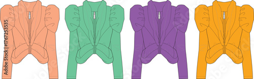 Fashion technical flat sketch of a women's cropped jacket with puff sleeves. Apparel design template collection concept shown in four color variations