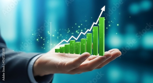 Hand holding a green bar graph with an upward trending arrow on blue