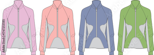 Collection of women's long-sleeve athletic track jackets in various colorways. Technical flat fashion illustration for apparel design and clothing mock-ups