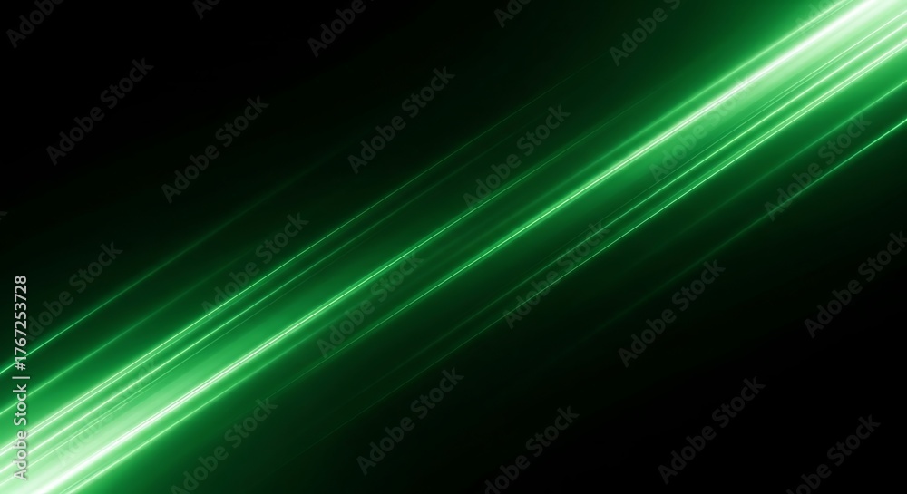 Fototapeta premium Diagonal green light streaks on a black background create a dynamic effect