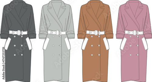 Collection of women's long belted trench coats in various colorways. Fashion vector illustration with contrasting pockets and cuffs for apparel design