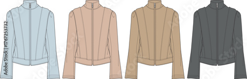 Vector illustration set of a women's high collar zip-up jacket. Fashion design technical sketch template for apparel