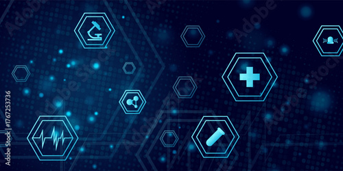 Abstract medical technology featuring interconnected glowing hexagons with healthcare icons. Ideal for digital health, diagnostics, AI in medicine, and scientific innovation. Vector illustration.