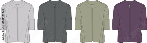 Set of women's longline jackets with zipper and stand collar, presented as a technical fashion flat illustration for design reference