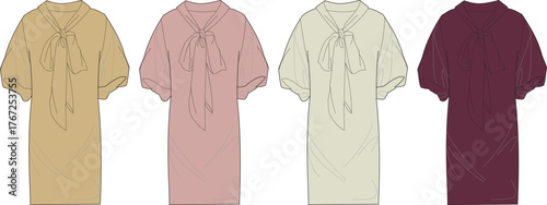 Collection of women's dresses with a pussy bow tie neck and puff sleeves. Fashion flat technical sketch template set in four colors for apparel design