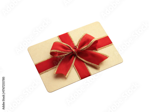 Golden card with red ribbon and bow image, Isolated, Png Transparent Background