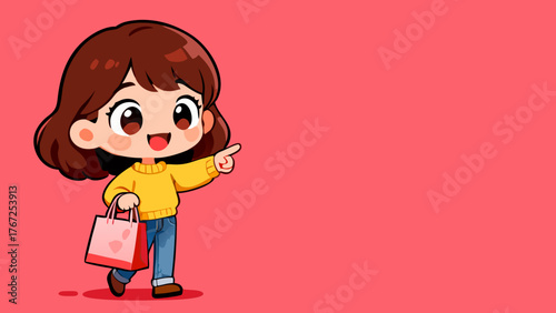 Adorable chibi girl cartoon character pointing at copy space for a sale