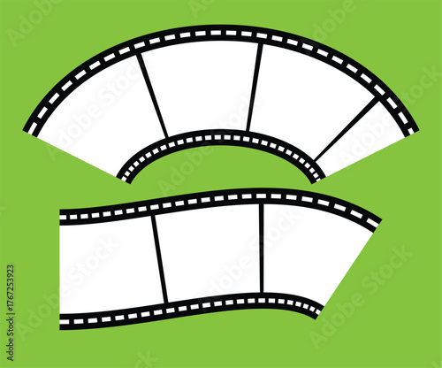 Photographic film in retro style, Film strip icon used for videography elements, cinema reel. Trendy editable camera roll effect design. Curved film strip.