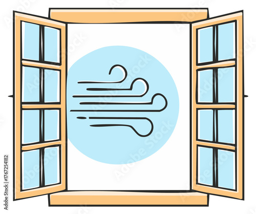 Opened Window Frame with Air Symbol Blowing Through, Weather Illustration Graphic