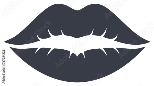 Bold black lips icon with sharp white details, a seductive and intense vector illustration