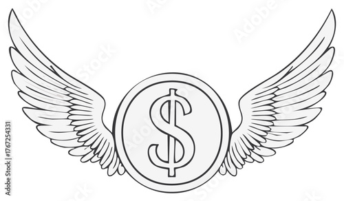 Flying Dollar Coin with Wings Representing Financial Freedom and Monetary Growth