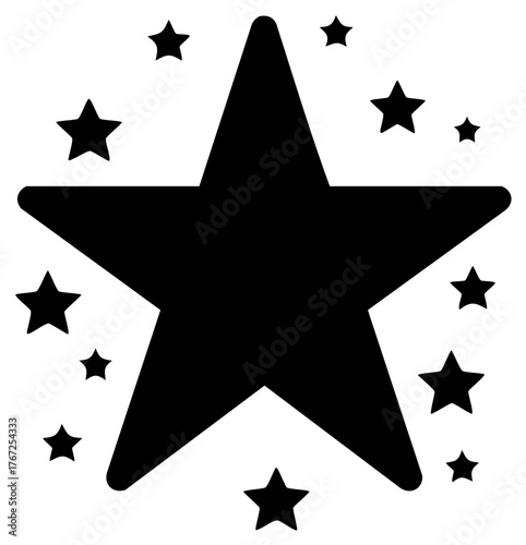 Starry Silhouette: A large, five-pointed star surrounded by smaller stars, a simple and bold graphic element for decoration, backgrounds, or visual effects.