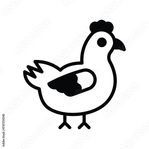 A black  white cartoon drawing of a hen. Line icon style editable stroke