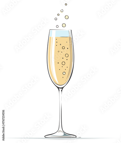 Elegant flute glass filled with sparkling champagne and rising bubbles