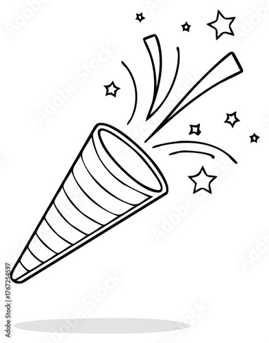 Hand-drawn party popper exploding confetti and stars, celebration doodle