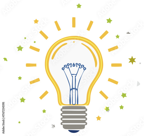 Bright light bulb with radiating lines and scattered stars symbolizing inspiration and new ideas