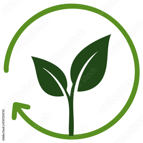 Green plant sprout icon encircled by a circular arrow symbolizing ecological growth sustainability and recycling