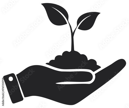 Hand holding a young plant growing from soil, symbol of growth and nurturing