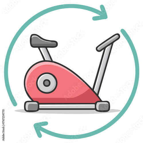 Pink cartoon stationary exercise bike with green circular refresh arrows depicting fitness cycle