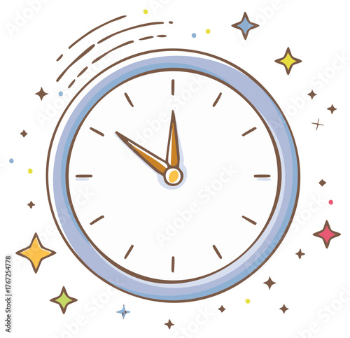 Clock ticking shows time running out surrounded by colorful stars illustration