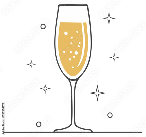 Vibrant champagne flute with effervescent golden liquid and sparkling star elements