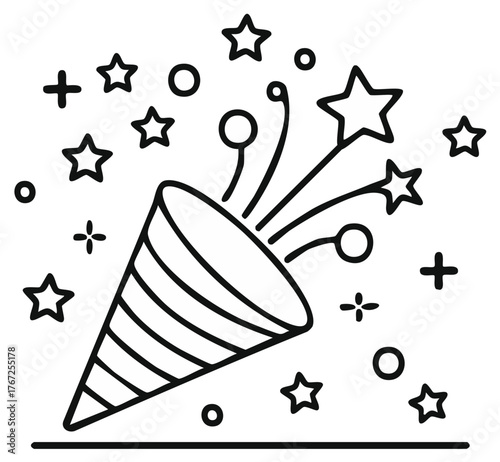 Outline illustration of a party popper with confetti for celebration events