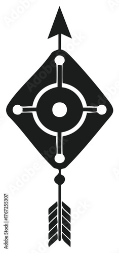 Abstract geometric arrow symbol with circular target motif and chevron fletching