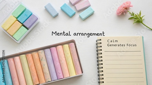 Colorful chalks arranged neatly around a notepad with motivational words, showcasing creativity and inspiration for mental well-being