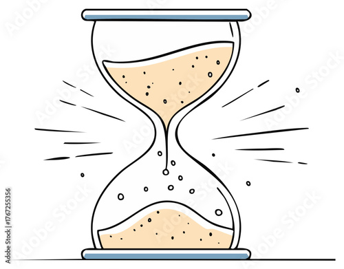 Hand drawn hourglass with sand falling and speed lines representing time passing quickly