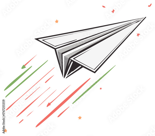 Paper plane soars upward with colored motion trails and scattered stars evoking dreams of journeys and future aspirations